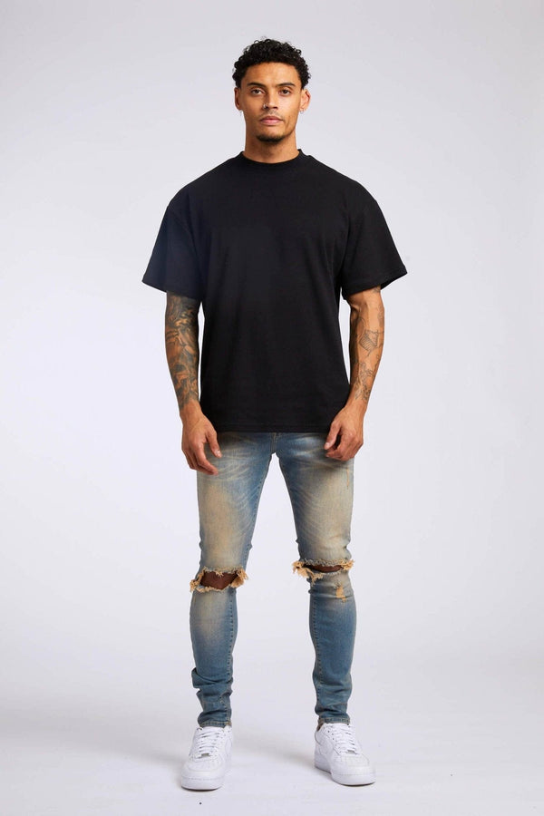 PREMIUM SKINNY FIT JEANS - STONE WASH DESTROYED KNEE