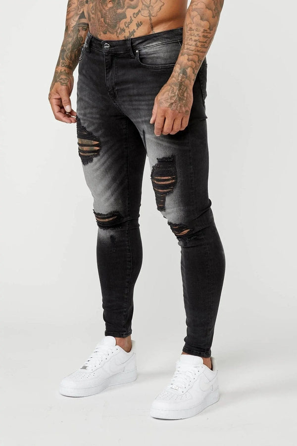 PREMIUM SKINNY FIT JEANS RIPPED & REPAIRED - GREY WASHED
