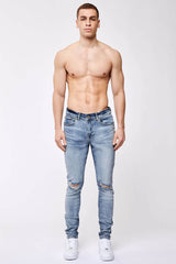 SKINNY FIT JEANS - LIGHT BLUE OVERDYE DESTROYED KNEE