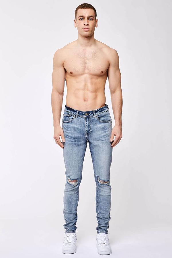 SKINNY FIT JEANS - LIGHT BLUE OVERDYE DESTROYED KNEE