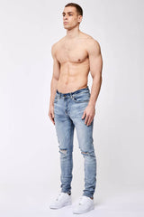 SKINNY FIT JEANS - LIGHT BLUE OVERDYE DESTROYED KNEE