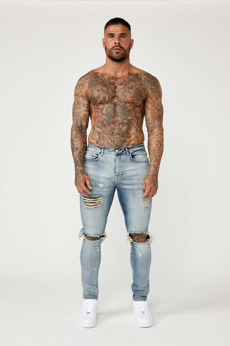 SKINNY FIT JEANS - MID BLUE RIPPED & REPAIRED
