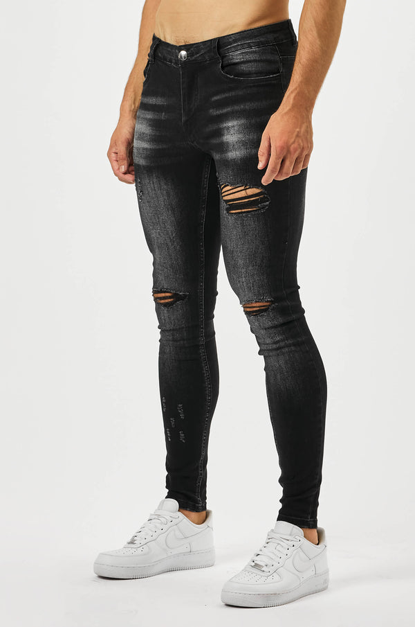 SKINNY FIT JEANS MULTI RIP - CHARCOAL WASH