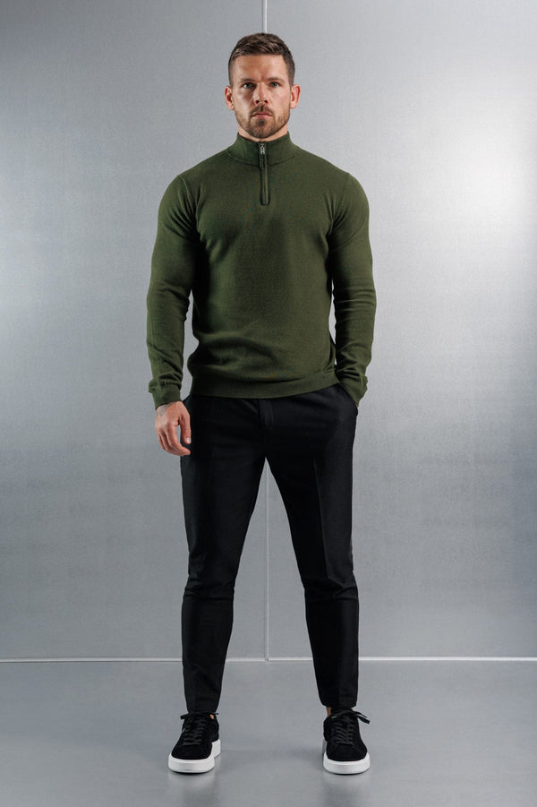 KNIT QUARTER ZIP SWEATER - DARK OLIVE