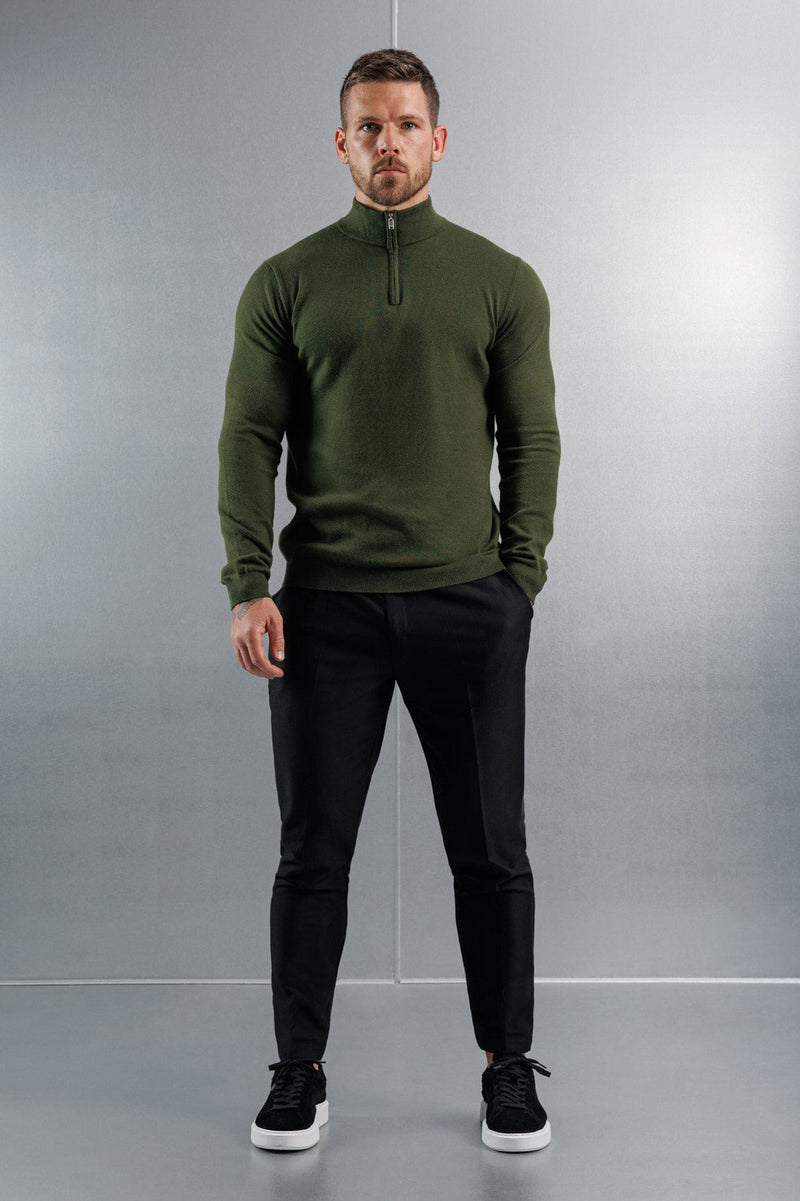 KNIT QUARTER ZIP SWEATER - DARK OLIVE