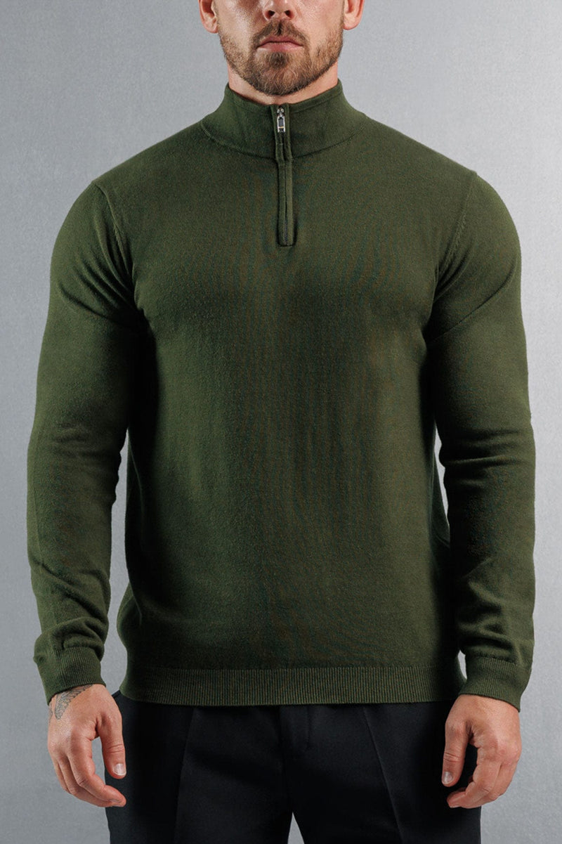 KNIT QUARTER ZIP SWEATER - DARK OLIVE