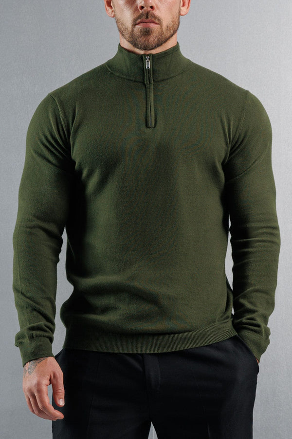 KNIT QUARTER ZIP SWEATER - DARK OLIVE