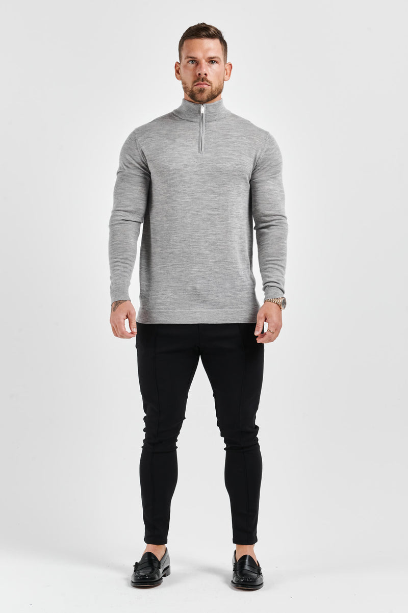 KNIT QUARTER ZIP SWEATER - GREY MARL