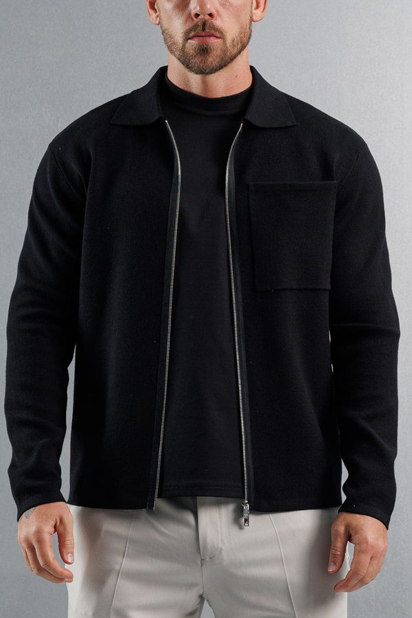KNITTED ZIP UP CARDIGAN - BLACK