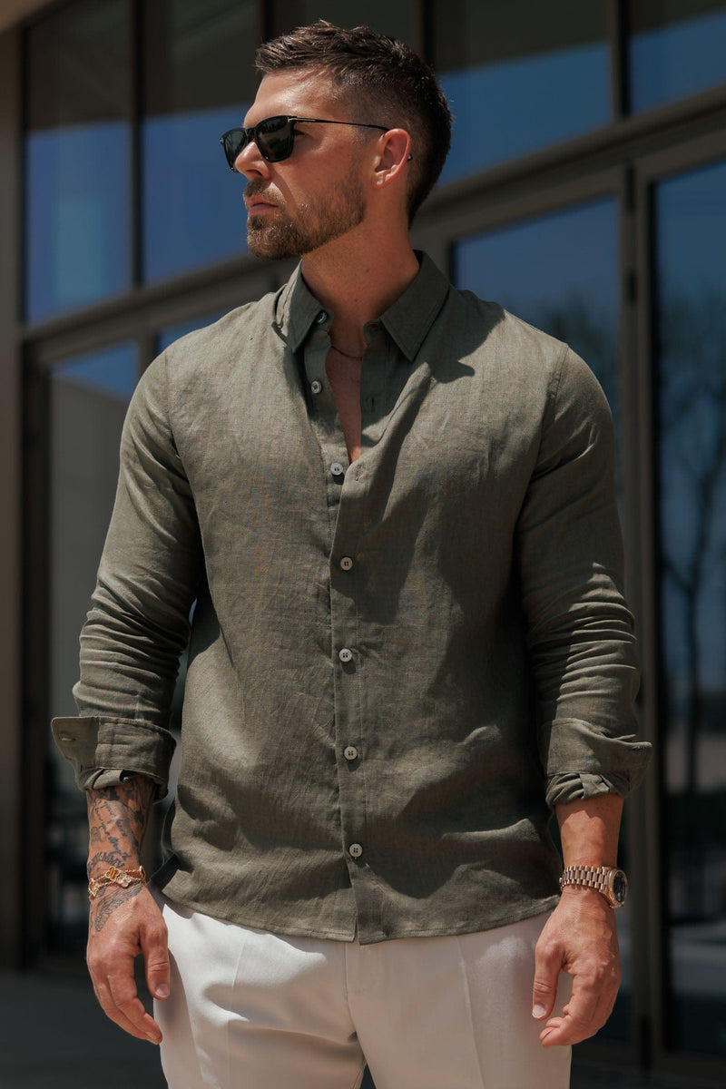 LUXE LINEN SHIRT - DARK OLIVE