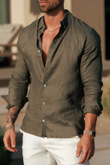 LUXE LINEN SHIRT - DARK OLIVE