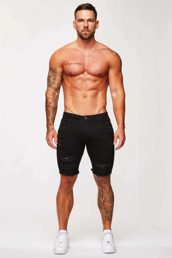 BLACK DENIM SHORTS - RIPPED & REPAIRED