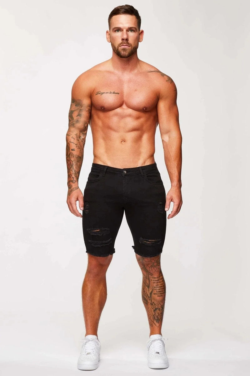 BLACK DENIM SHORTS - RIPPED & REPAIRED