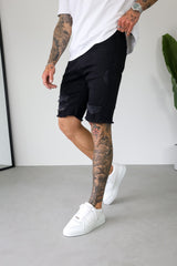 SLIM DENIM SHORT - BLACK RIPPED