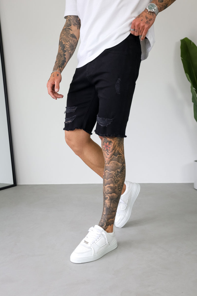 SLIM DENIM SHORT - BLACK RIPPED