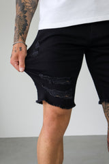 SLIM DENIM SHORT - BLACK RIPPED