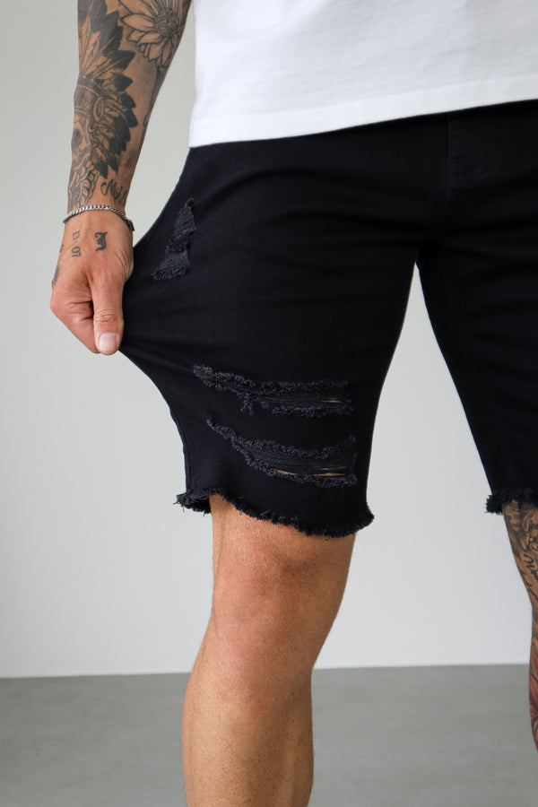 SLIM DENIM SHORT - BLACK RIPPED