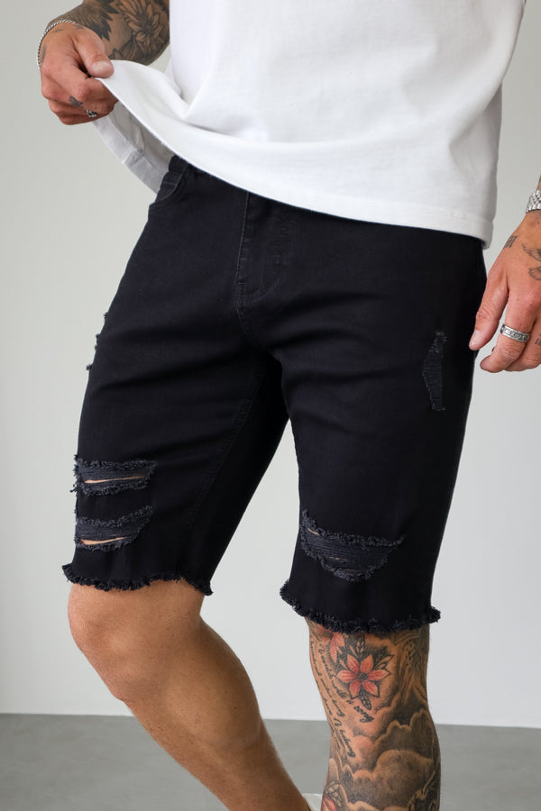 SLIM DENIM SHORT - BLACK RIPPED