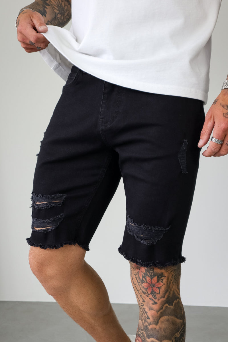 SLIM DENIM SHORT - BLACK RIPPED