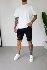 SLIM DENIM SHORT - BLACK RIPPED