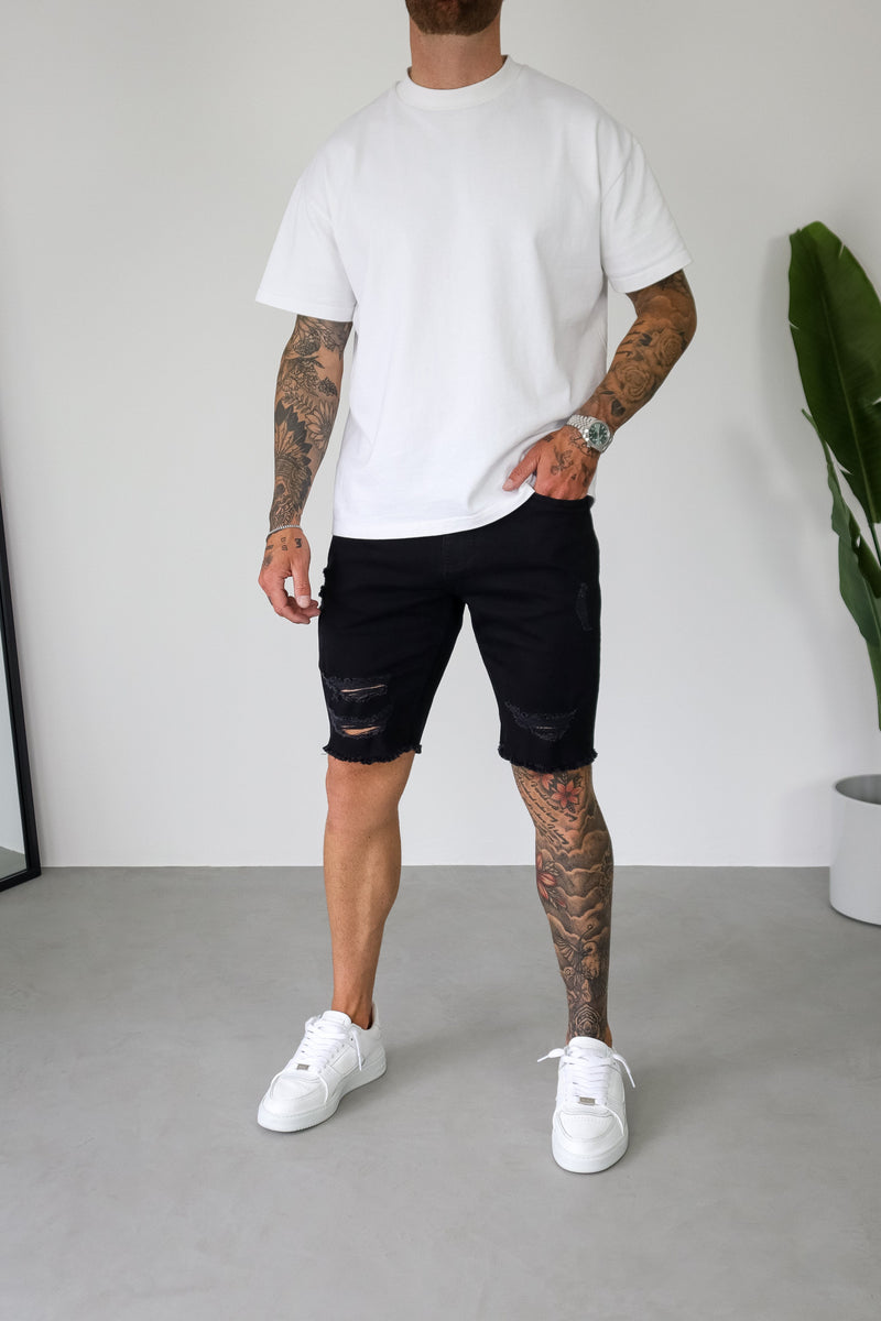 SLIM DENIM SHORT - BLACK RIPPED