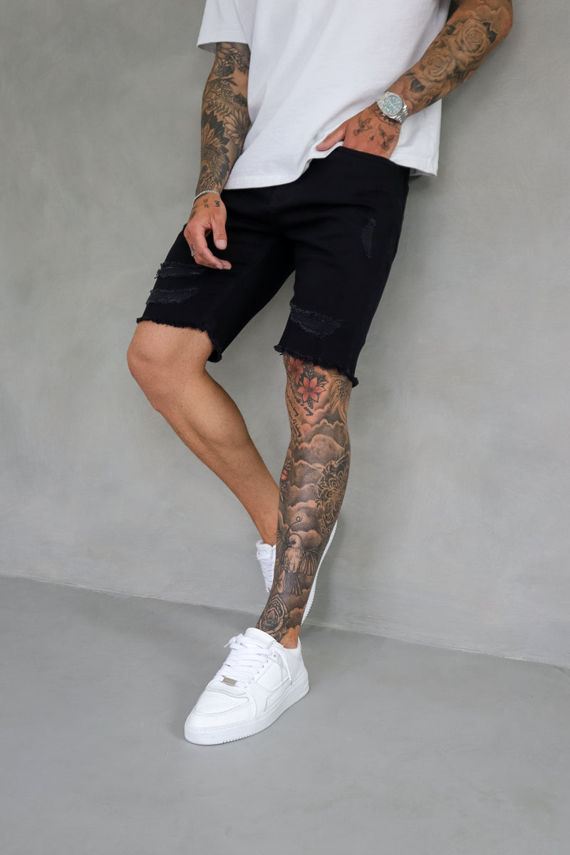 SLIM DENIM SHORT - BLACK RIPPED