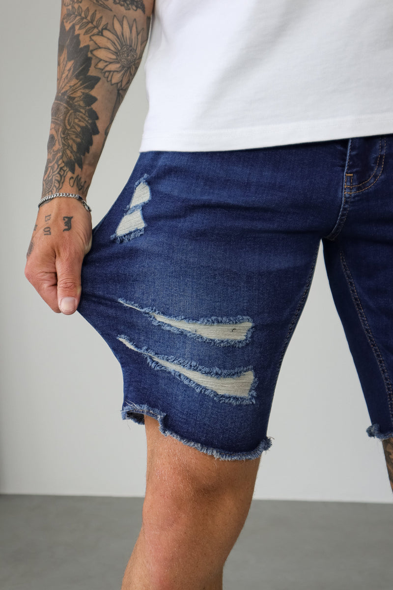 SLIM DENIM SHORT - DARK BLUE RIPPED