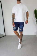 SLIM DENIM SHORT - DARK BLUE RIPPED