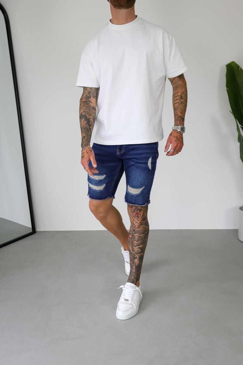 SLIM DENIM SHORT - DARK BLUE RIPPED