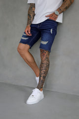 SLIM DENIM SHORT - DARK BLUE RIPPED