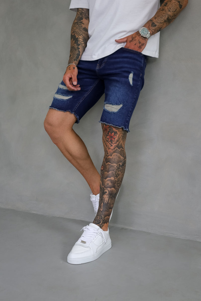 SLIM DENIM SHORT - DARK BLUE RIPPED