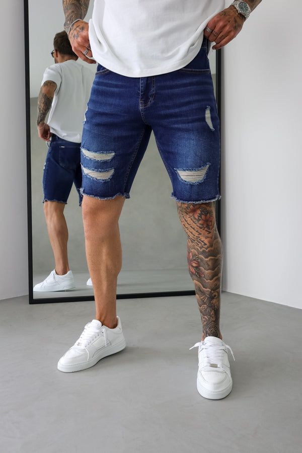 SLIM DENIM SHORT - DARK BLUE RIPPED