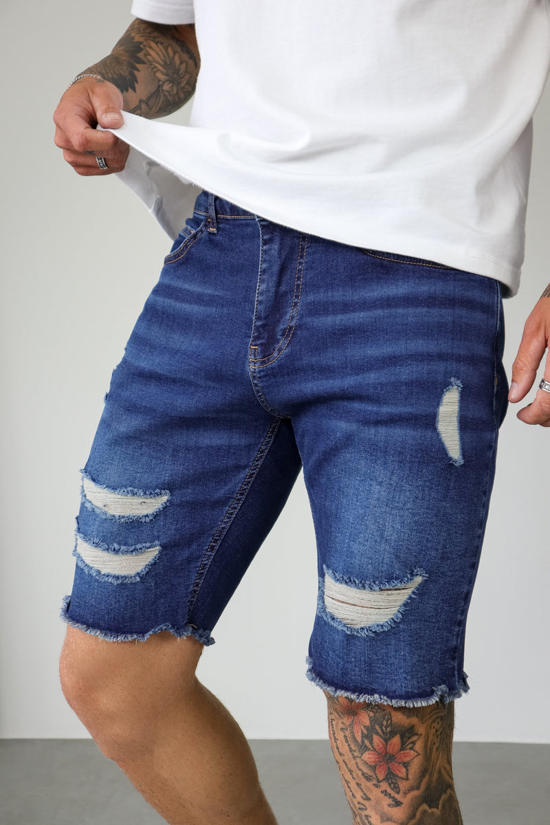 SLIM DENIM SHORT - DARK BLUE RIPPED