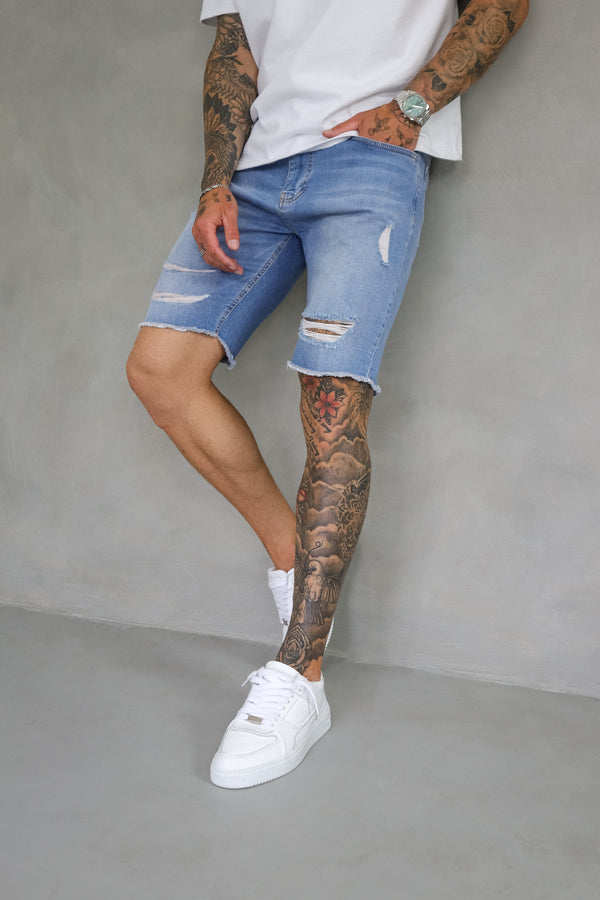 SLIM DENIM SHORT - LIGHT BLUE RIPPED
