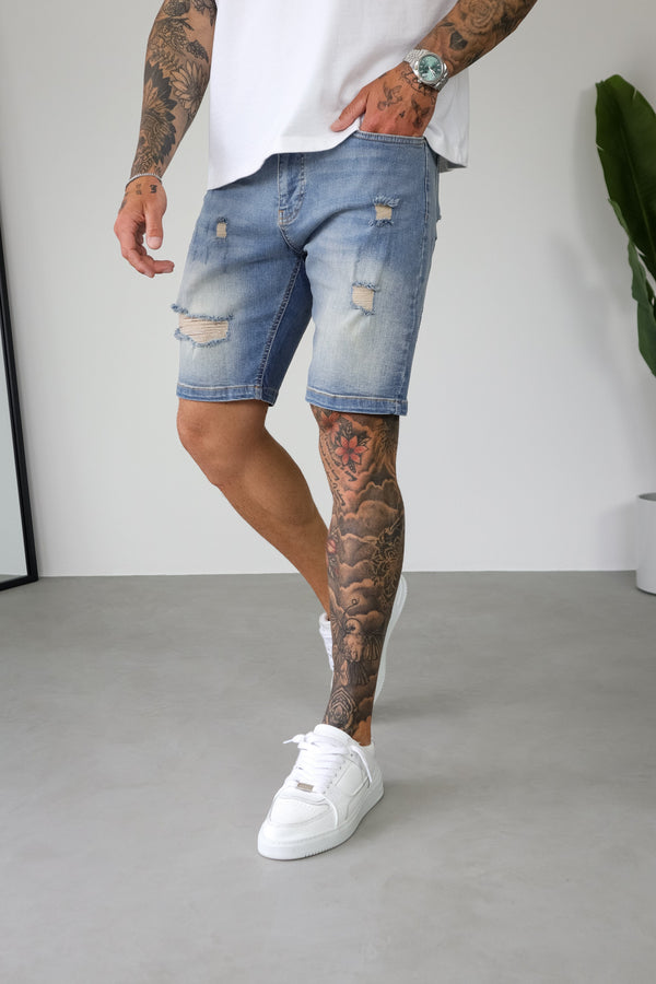 SLIM DENIM SHORT - STRONG WASH MID BLUE