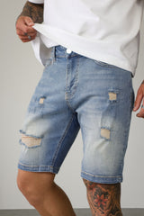 SLIM DENIM SHORT - STRONG WASH MID BLUE
