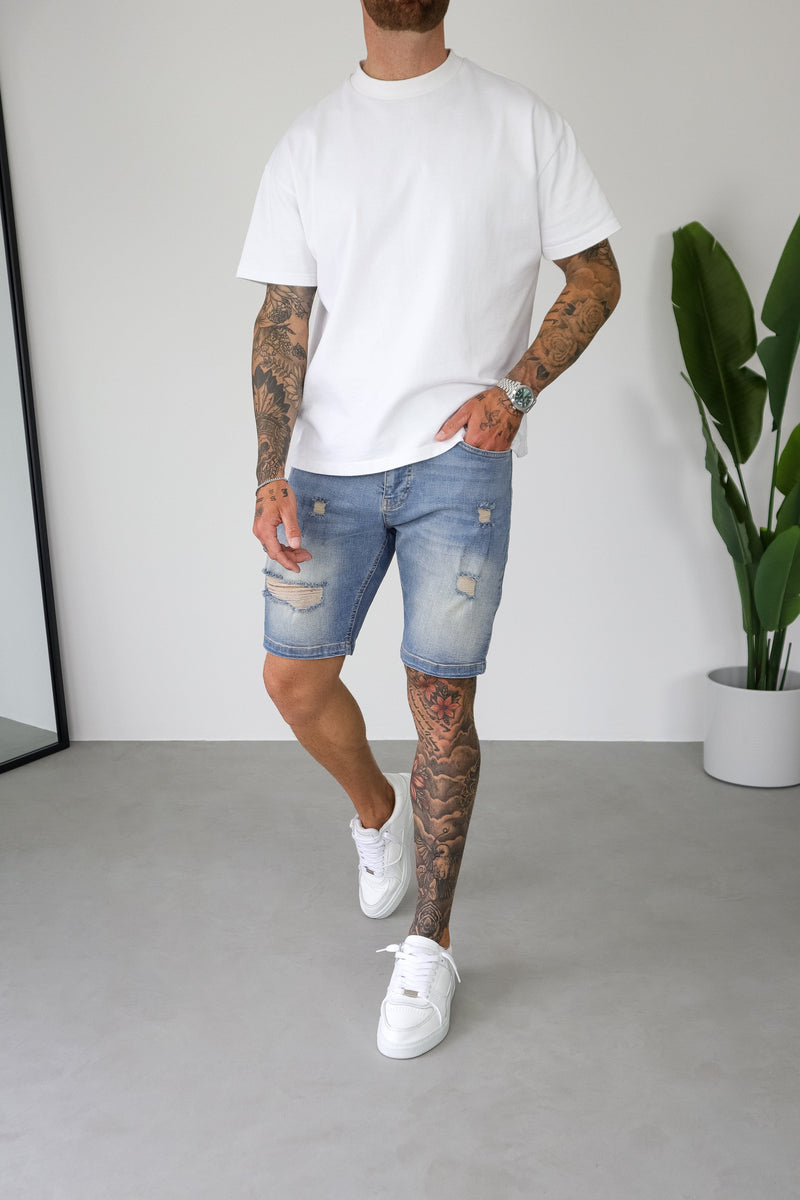 SLIM DENIM SHORT - STRONG WASH MID BLUE