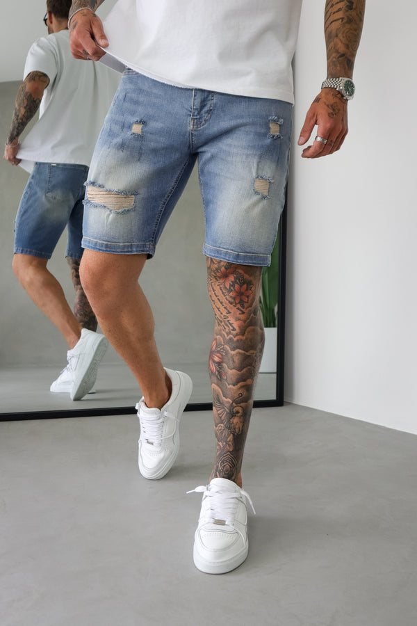 SLIM DENIM SHORT - STRONG WASH MID BLUE