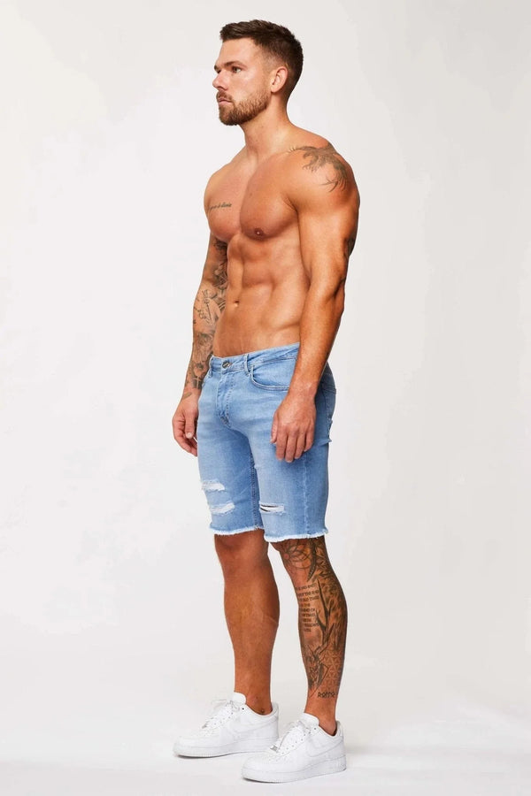 LIGHT BLUE DENIM SHORTS - RIPPED & REPAIRED