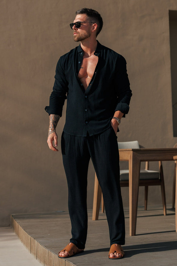 STRETCH LINEN TROUSERS - BLACK