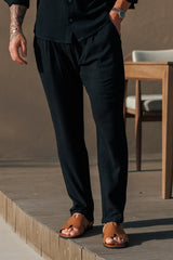 STRETCH LINEN TROUSERS - BLACK
