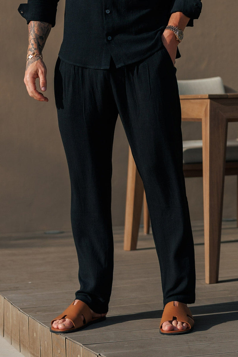 STRETCH LINEN TROUSERS - BLACK