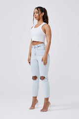 MOM JEANS KNEE RIPPED - BLEACH WASH