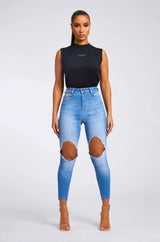 SKINNY JEANS BIG KNEE RIP - INDIGO BLUE